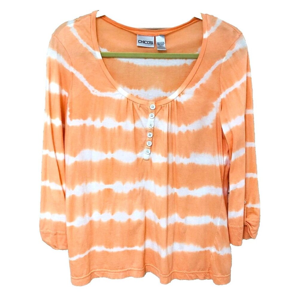 Chico's 2 Orange White Tie Dye Top Shirt Womens 10 12 Button Details 3/4 Sleeves